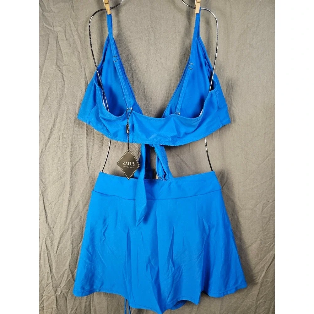 Zaful Blue Two Piece Swimsuit Set Front Tie Bikini Top Ruched Skirt XL NEW